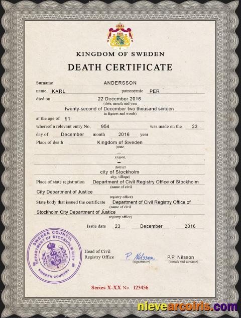 Sweden vital record death certificate